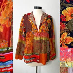 VTG 90s Chicos Patchwork Hoodie Hippie Autumn Shacket Shirt Coat